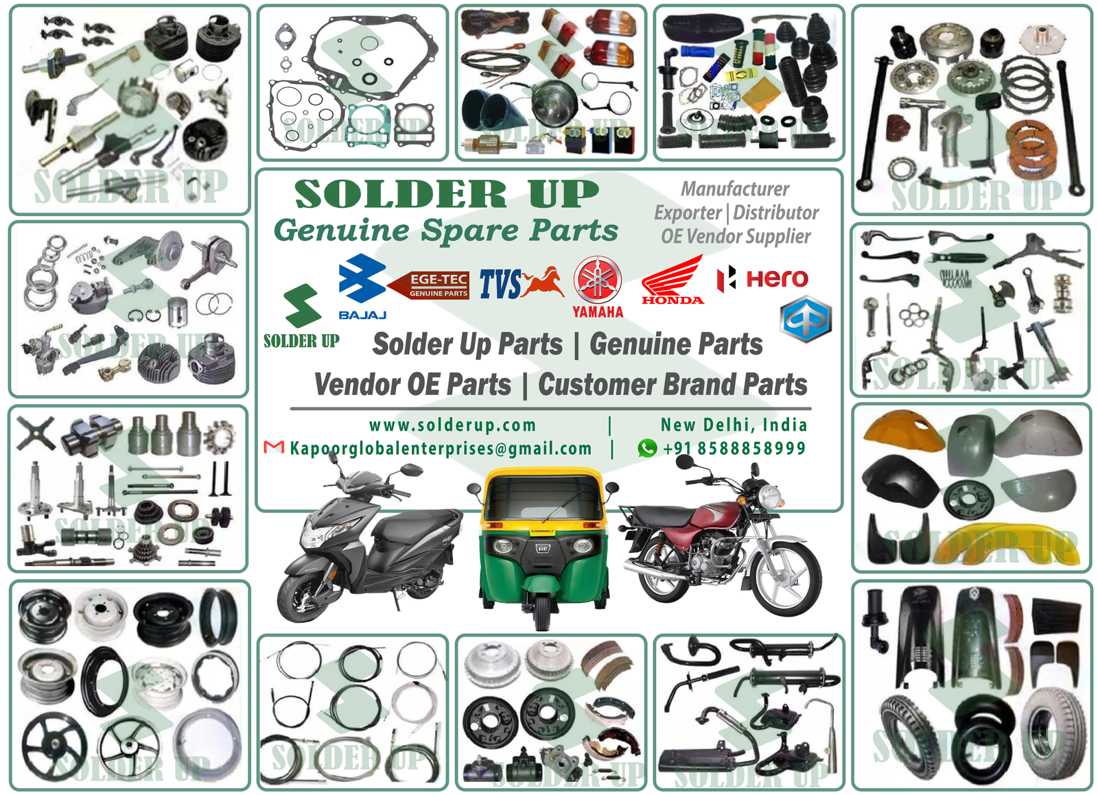 Solder Up genuine spare-parts range brochure, showing components and vehicle applications