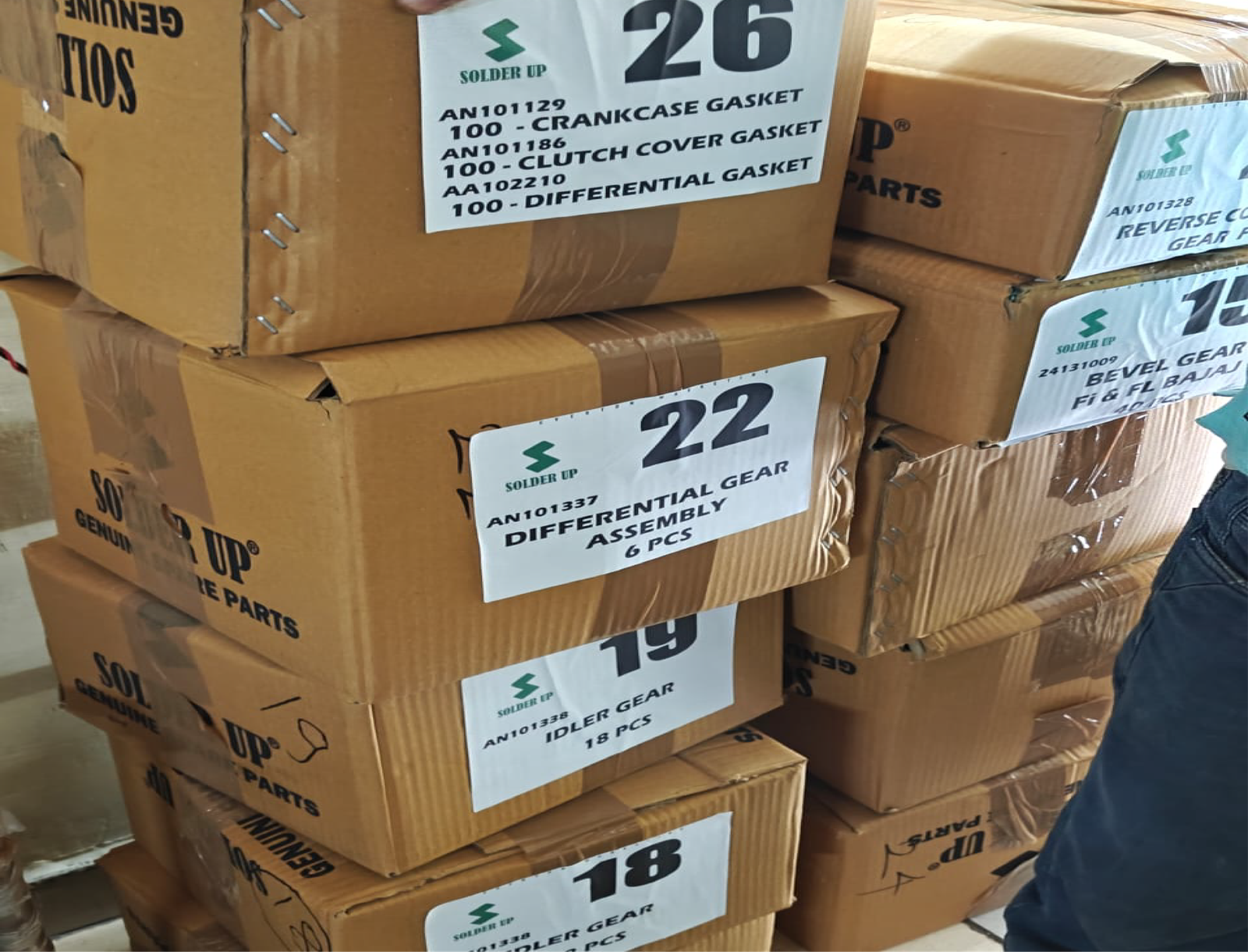 Solder Up labelled master cartons ready for shipment