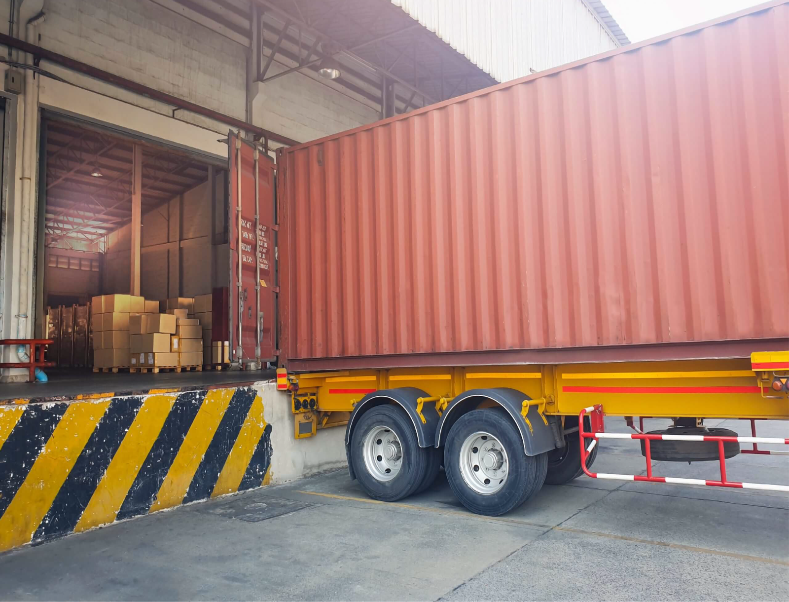Shipping container positioned for loading at a warehouse